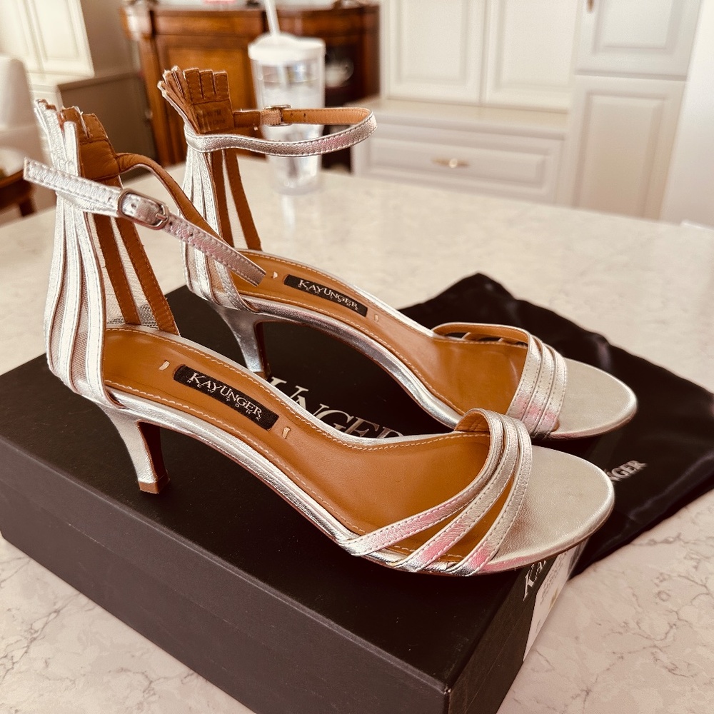 Dress Strappy Leather Sandal KAY UNGER Basque 7 Heels Silver Worn Once Box Bag